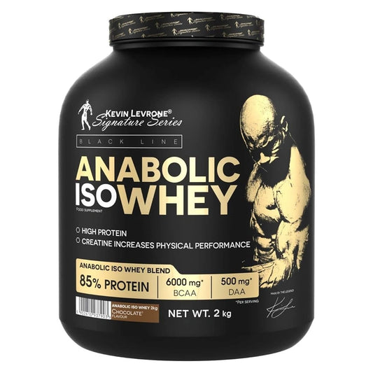 A 2 kg tub of Kevin Levrone Black Line Anabolic IsoWhey in chocolate flavor, featuring a black container with gold and white text and a gold graphic of a muscular man.
